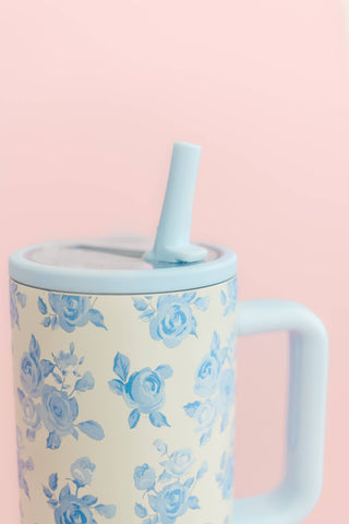 Cream & Blue Floral 40oz Tumbler with Spill Proof Lid