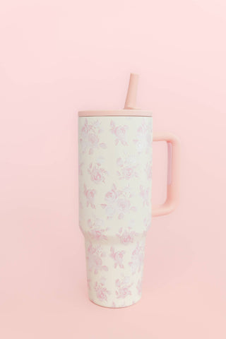 Pink Floral 40oz Tumbler with Spill Proof Lid and Flip Straw