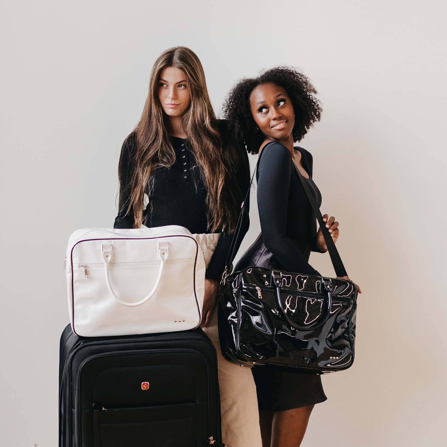 Hadley Patent Weekender Tote with Trolly Sleeve: Black