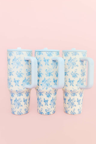 Cream & Blue Floral 40oz Tumbler with Spill Proof Lid