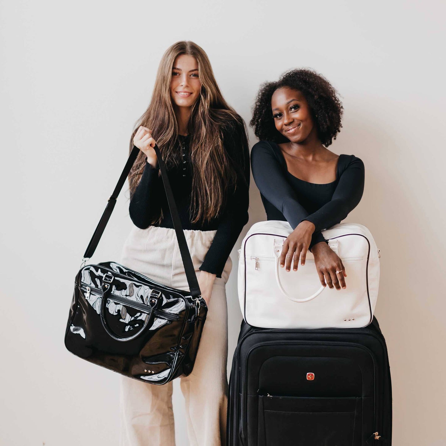 Hadley Patent Weekender Tote with Trolly Sleeve: White