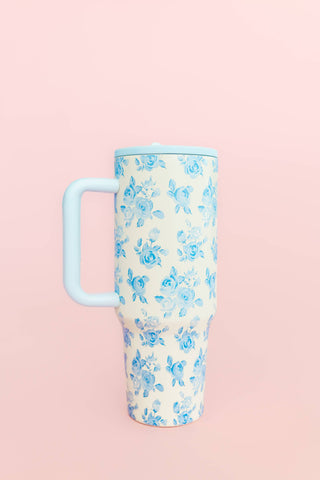 Cream & Blue Floral 40oz Tumbler with Spill Proof Lid
