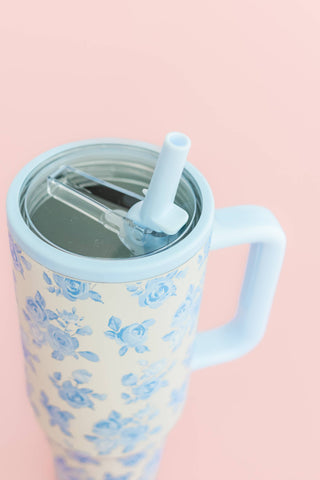 Cream & Blue Floral 40oz Tumbler with Spill Proof Lid