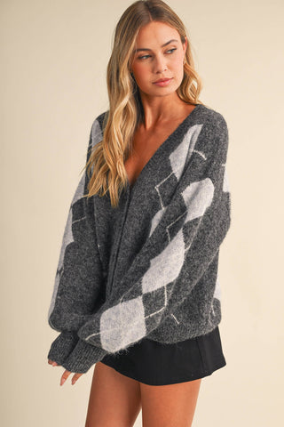 IJ1819 ARGYLE PRINT OVERSIZED KNIT CARDIGAN