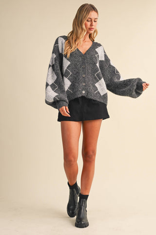 IJ1819 ARGYLE PRINT OVERSIZED KNIT CARDIGAN