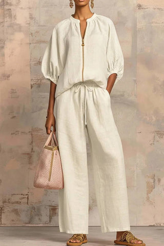 Balloon Sleeve Zip Top and Pants Set