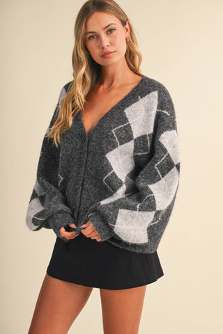 IJ1819 ARGYLE PRINT OVERSIZED KNIT CARDIGAN