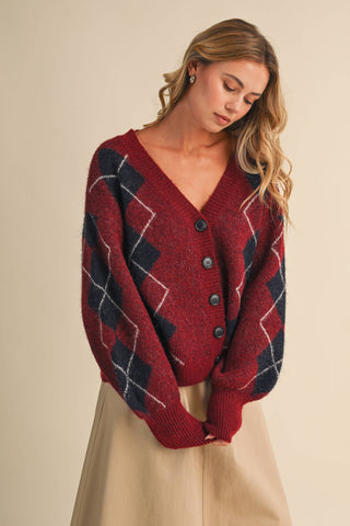 IJ1819 ARGYLE PRINT OVERSIZED KNIT CARDIGAN
