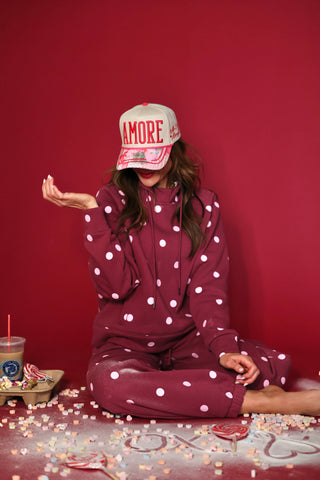 Maroon Pink Polka Dot Sweatsuit Set - Hoodie & Sweatpants