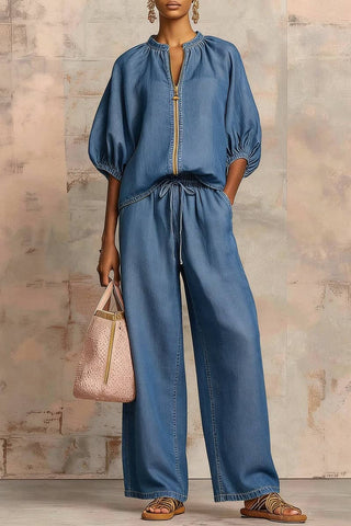 Balloon Sleeve Zip Top and Pants Set