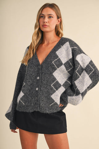 IJ1819 ARGYLE PRINT OVERSIZED KNIT CARDIGAN