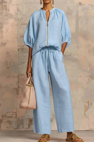 Balloon Sleeve Zip Top and Pants Set