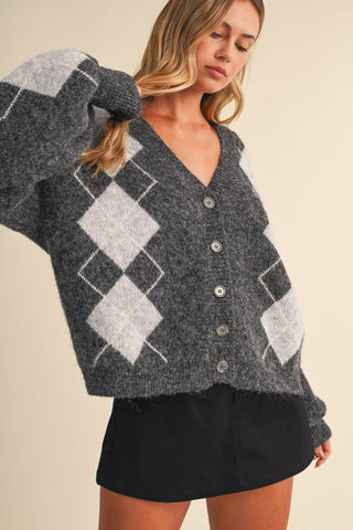 IJ1819 ARGYLE PRINT OVERSIZED KNIT CARDIGAN