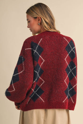 IJ1819 ARGYLE PRINT OVERSIZED KNIT CARDIGAN