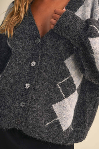 IJ1819 ARGYLE PRINT OVERSIZED KNIT CARDIGAN