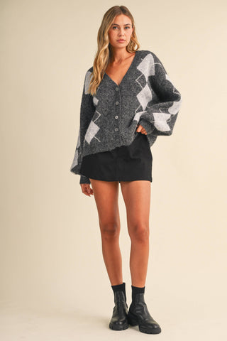 IJ1819 ARGYLE PRINT OVERSIZED KNIT CARDIGAN