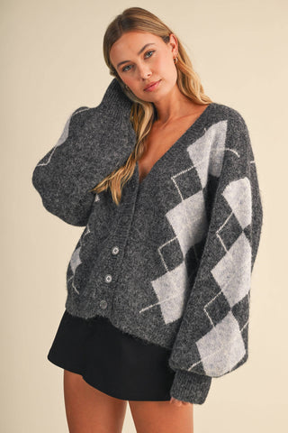 IJ1819 ARGYLE PRINT OVERSIZED KNIT CARDIGAN