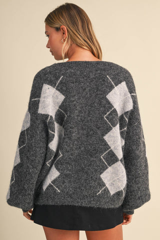 IJ1819 ARGYLE PRINT OVERSIZED KNIT CARDIGAN