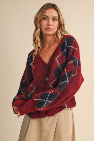 IJ1819 ARGYLE PRINT OVERSIZED KNIT CARDIGAN