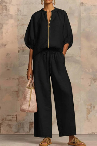 Balloon Sleeve Zip Top and Pants Set