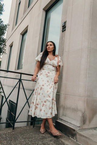 Cream Brown Floral Midi Dress