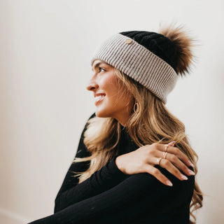 2 Tone Beanie with Pom - Black
