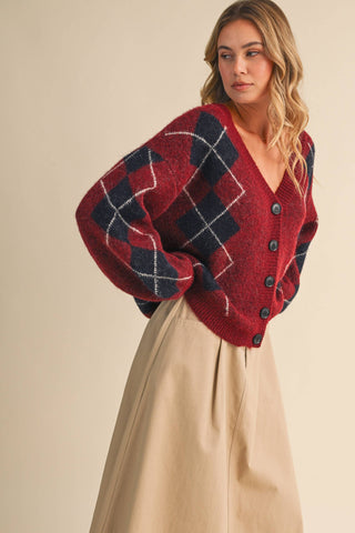 IJ1819 ARGYLE PRINT OVERSIZED KNIT CARDIGAN