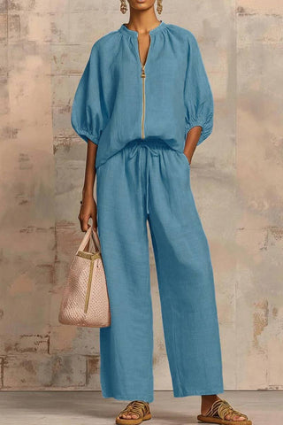 Balloon Sleeve Zip Top and Pants Set