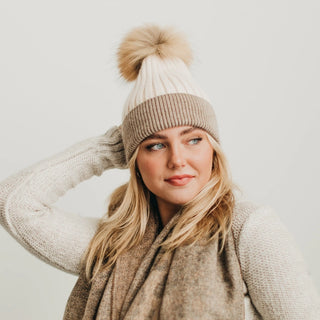 2 Tone Beanie with Pom - Cream