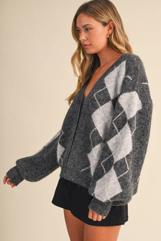 IJ1819 ARGYLE PRINT OVERSIZED KNIT CARDIGAN