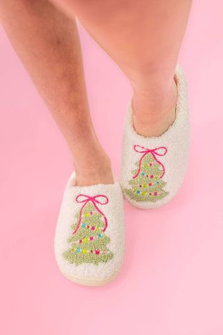 Pink Bow Christmas Tree Slippers - Adult - 4 sizes