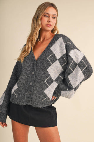 IJ1819 ARGYLE PRINT OVERSIZED KNIT CARDIGAN
