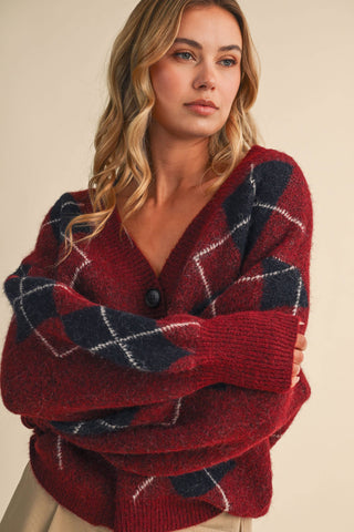 IJ1819 ARGYLE PRINT OVERSIZED KNIT CARDIGAN