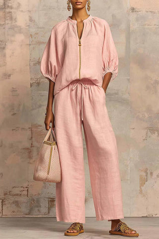 Balloon Sleeve Zip Top and Pants Set
