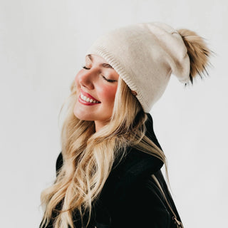 Cream Fur Pom Beanie