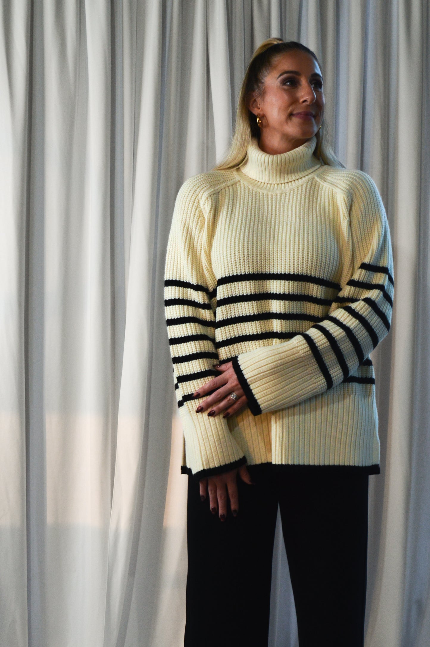 Cream-Black Turtleneck Sweater