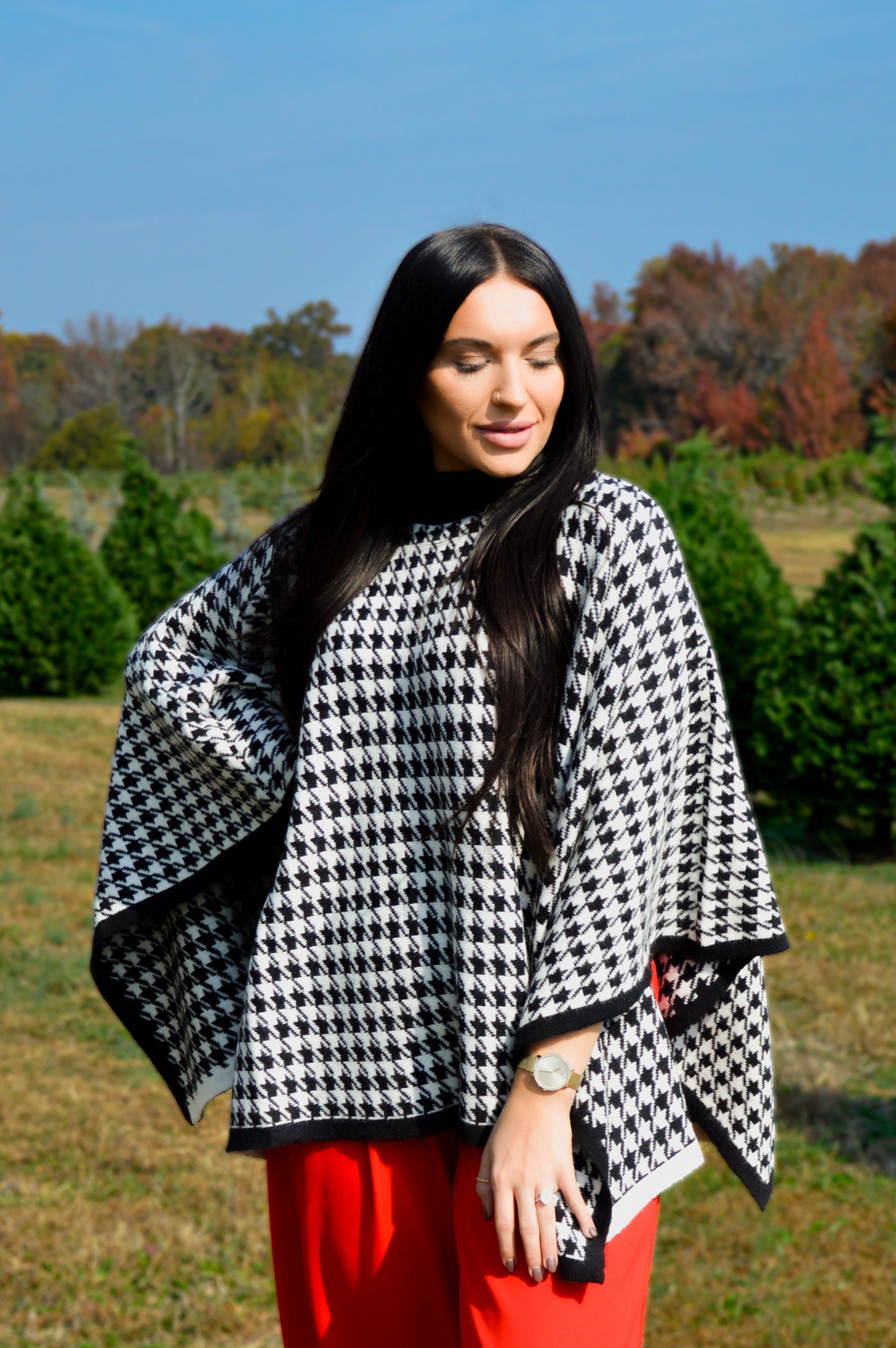 Houndstooth Knit Poncho Cape