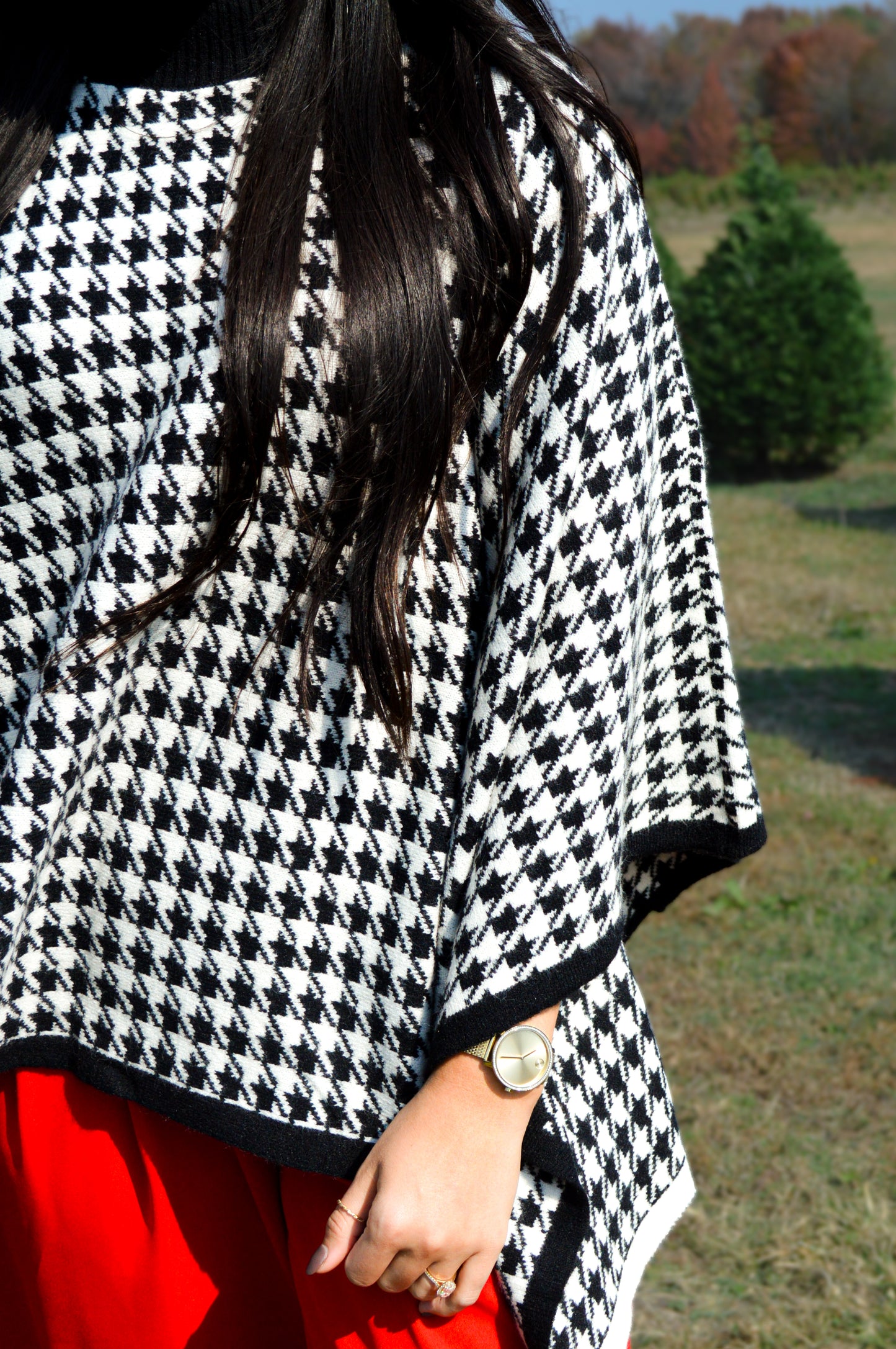 Houndstooth Knit Poncho Cape