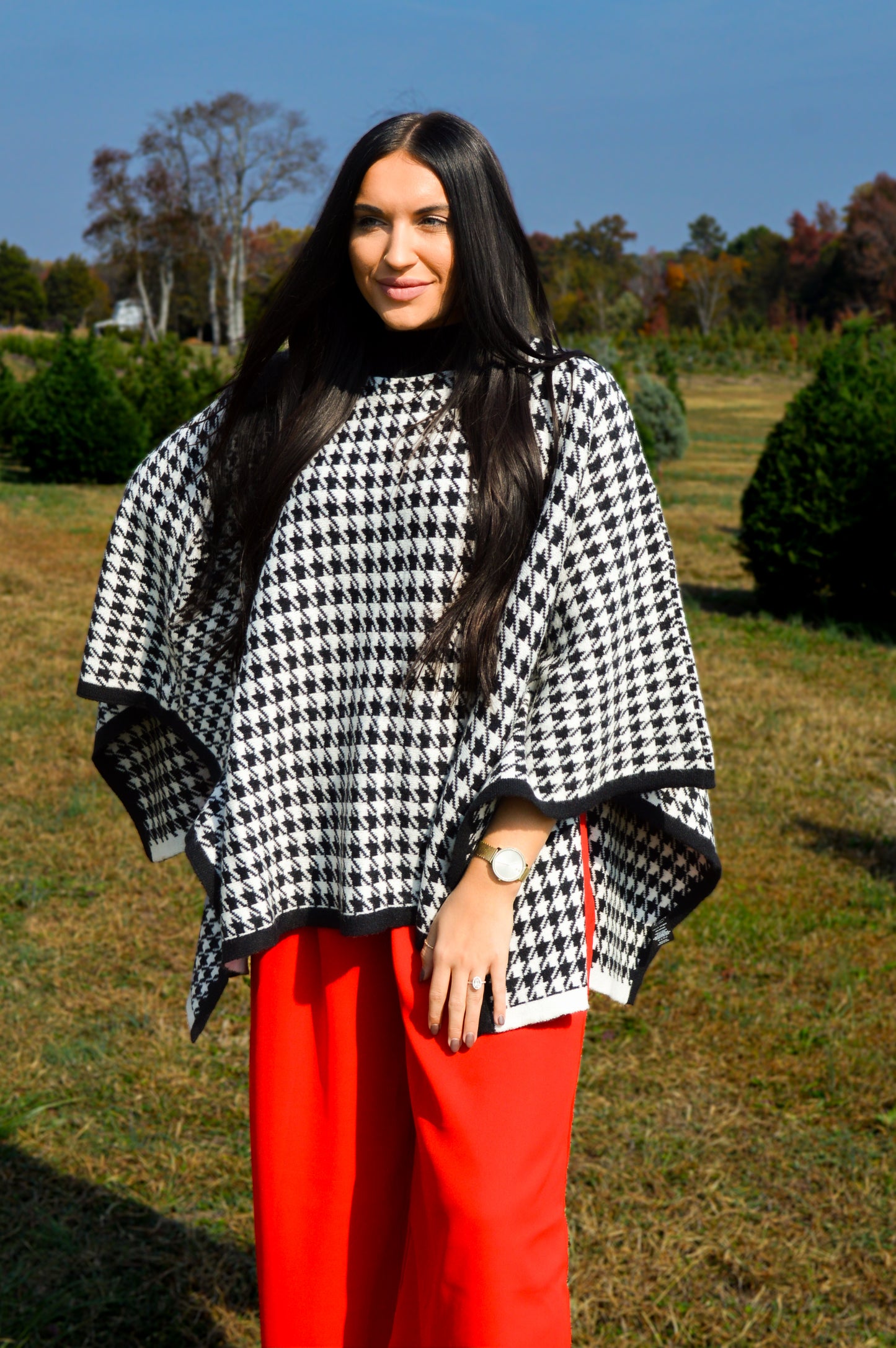 Houndstooth Knit Poncho Cape