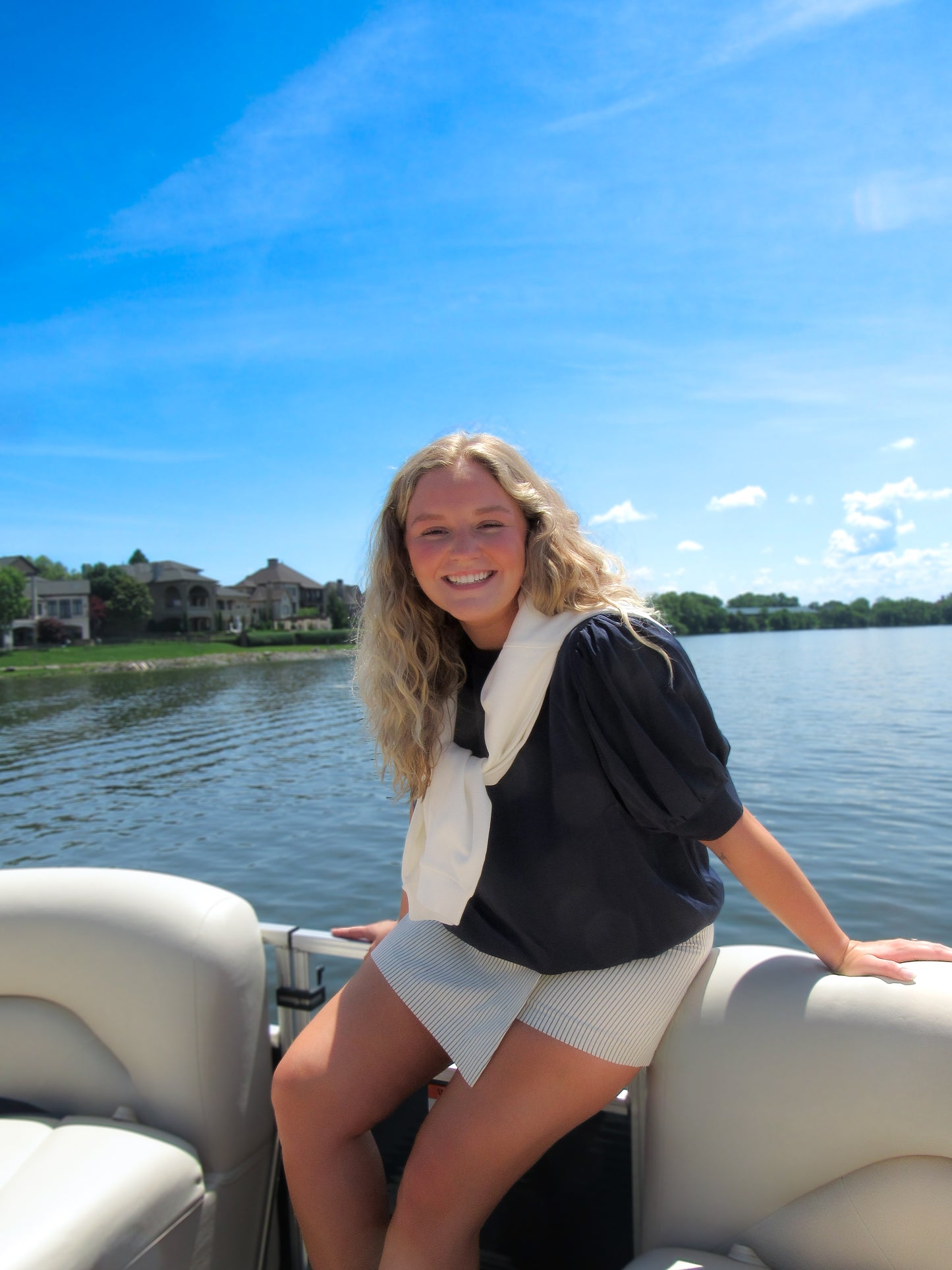 Navy Bubble Sleeve Top