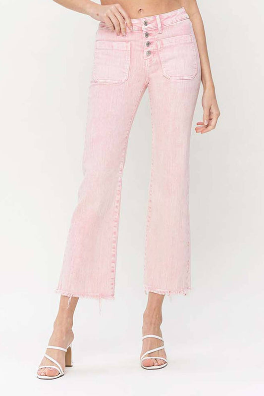 Pink High Rise Crop Flare Jeans
